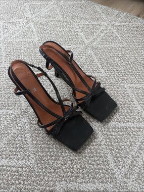 Black Strappy Square-Toe Heeled Sandals